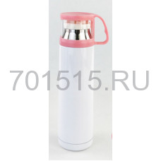 Термос для сублимации, металл белый 500 мл  прозрачная крышка-чашка Розовая